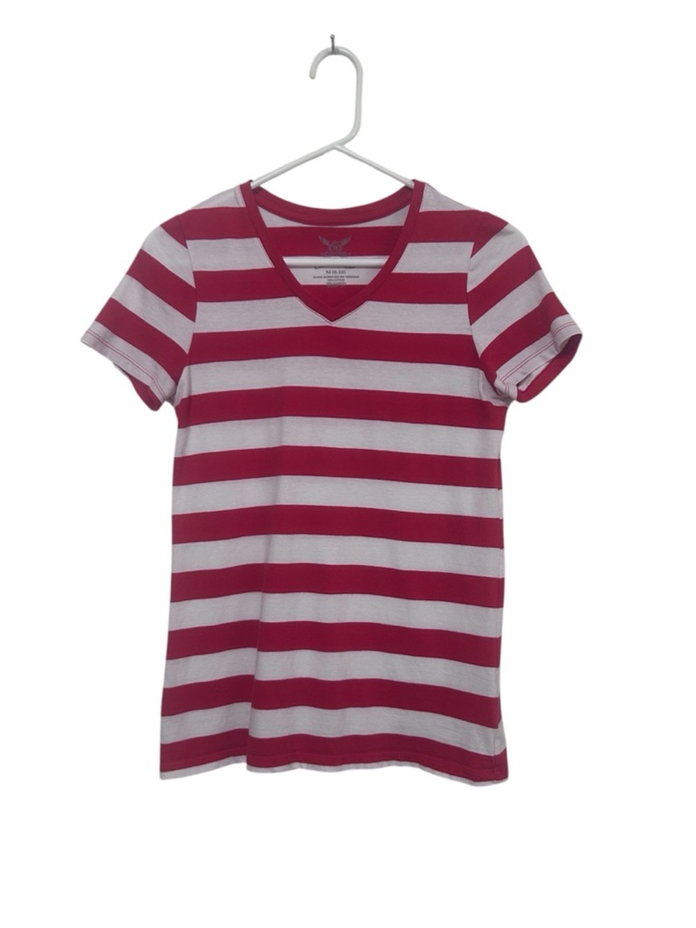 Faded Glory Red & White Striped V-Neck Short Sleeve Essential Tee Size Medium